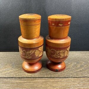 Vintage Wooden Carved Hand Painted Salt & Pepper Shakers, Mexico 4" tall
